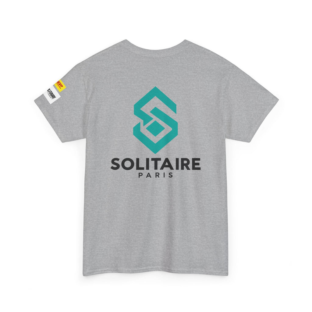Back view of a grey premium unisex T-shirt featuring a teal geometric logo and Solitaire Paris text.