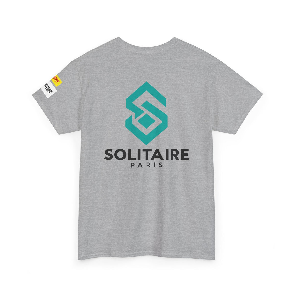 Back view of a grey premium unisex T-shirt featuring a teal geometric logo and Solitaire Paris text.