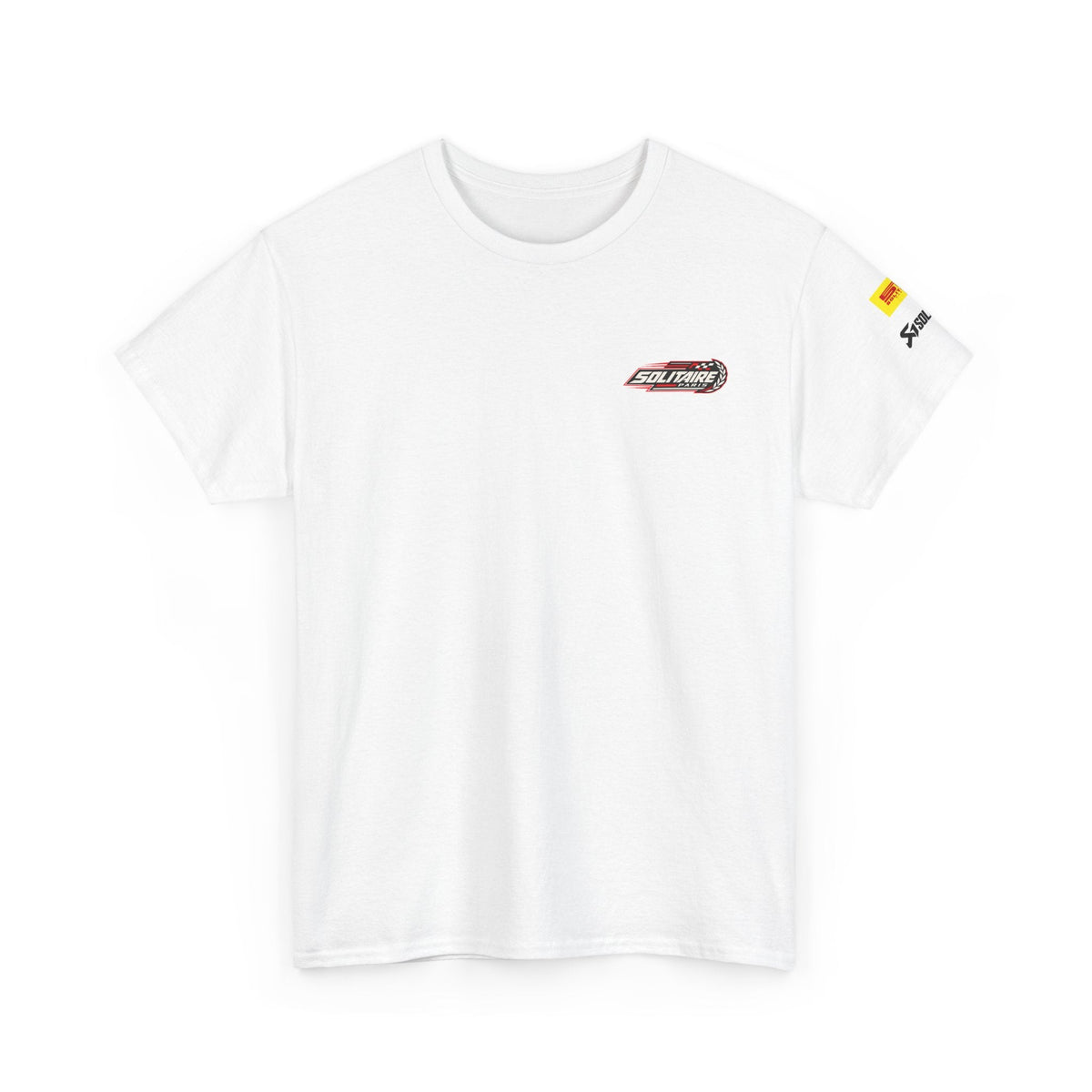 White premium unisex streetwear t-shirt with Solitaire Paris logo on chest and sleeve.