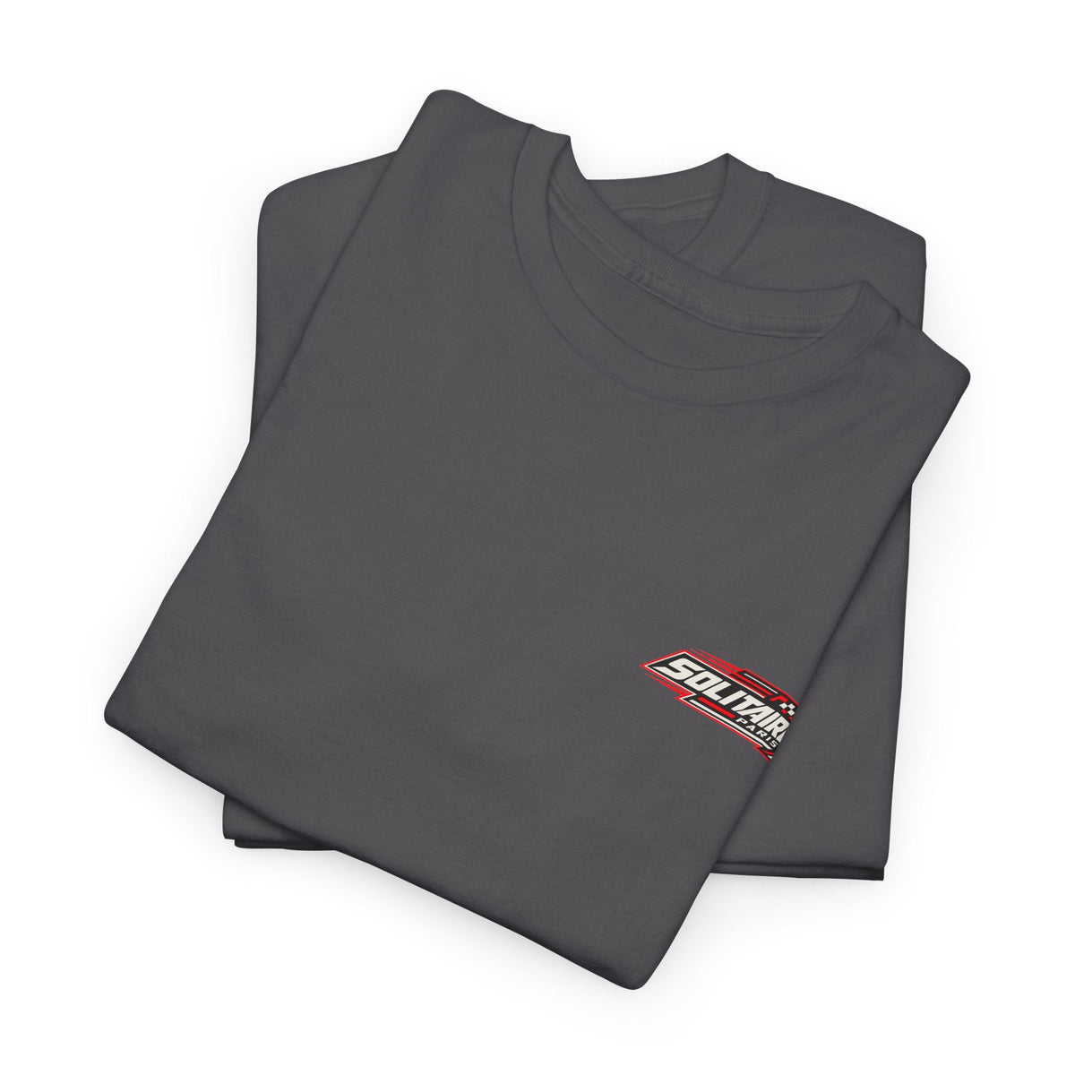 Folded charcoal grey premium unisex t-shirt with Solitaire Paris logo on chest.