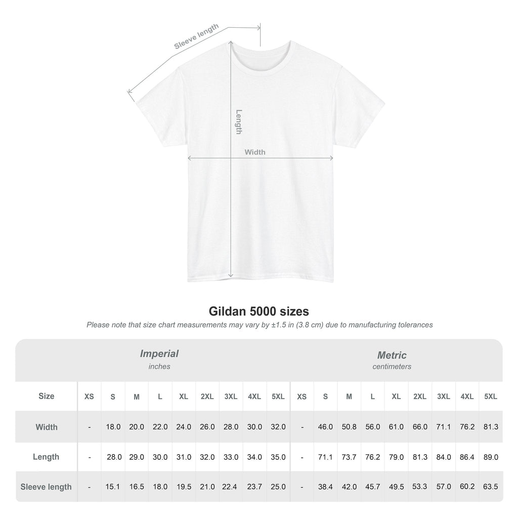 Gildan 5000 white t-shirt size chart with imperial and metric measurements.
