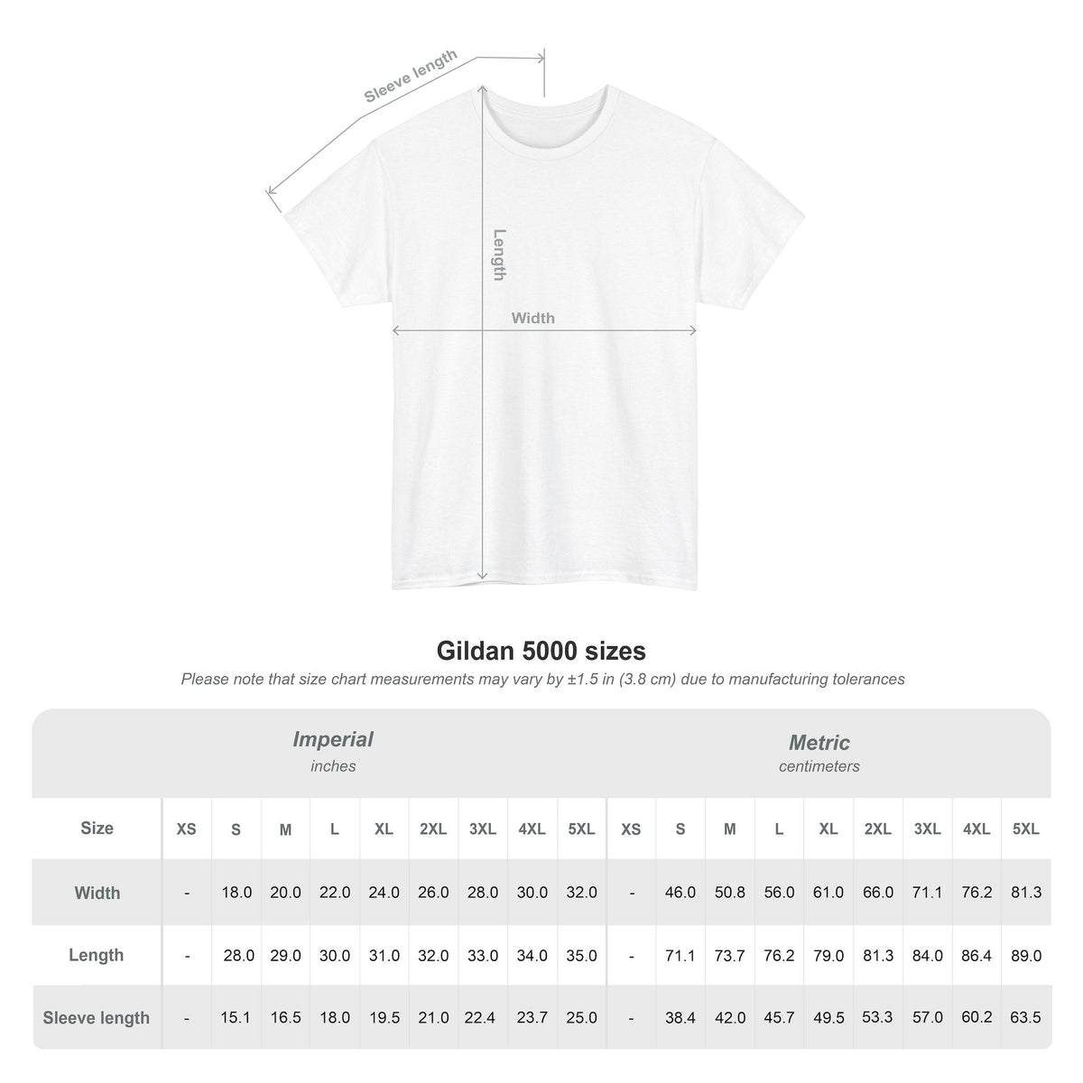 Gildan 5000 white t-shirt size chart with imperial and metric measurements.