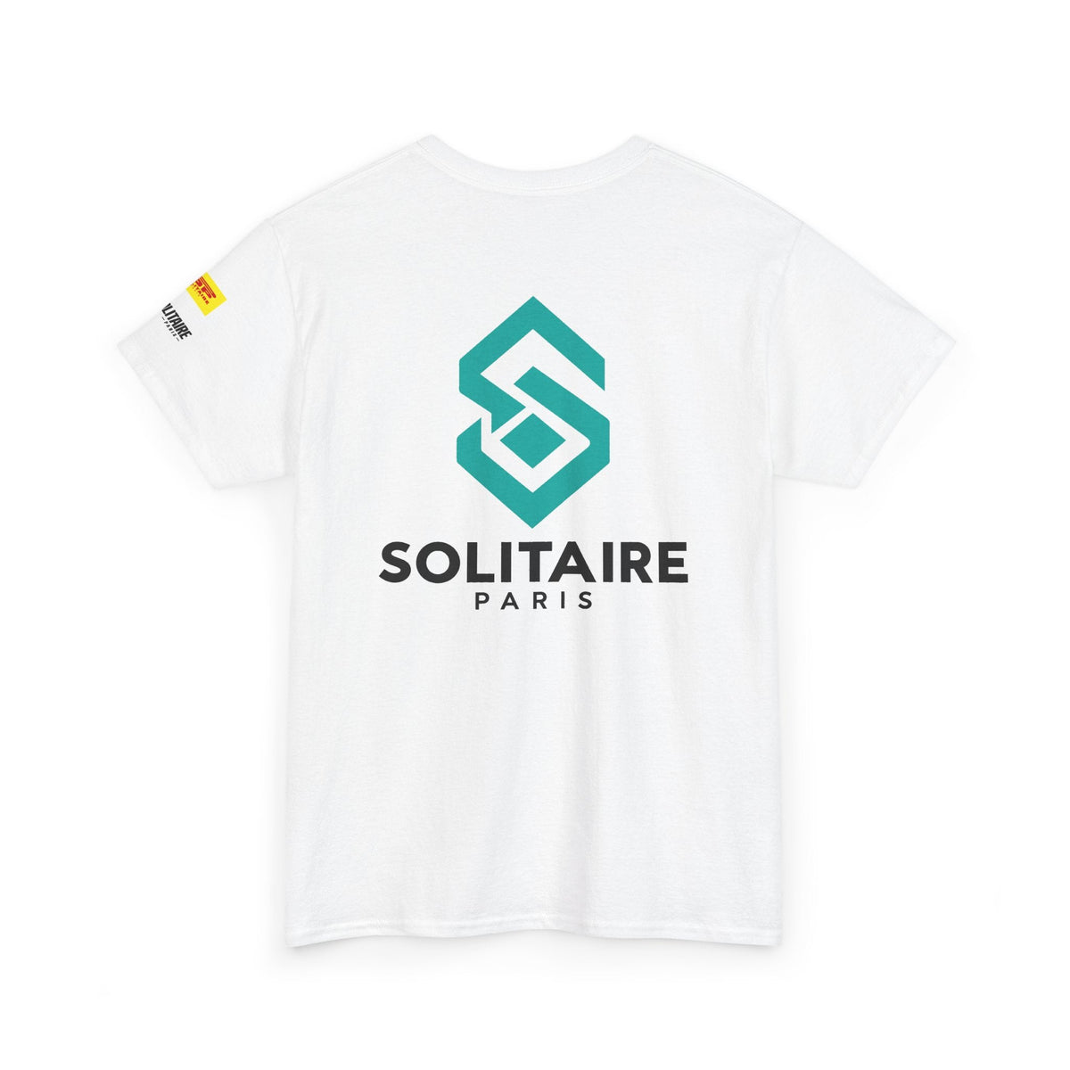 White premium unisex t-shirt with teal geometric logo and Solitaire Paris text on back