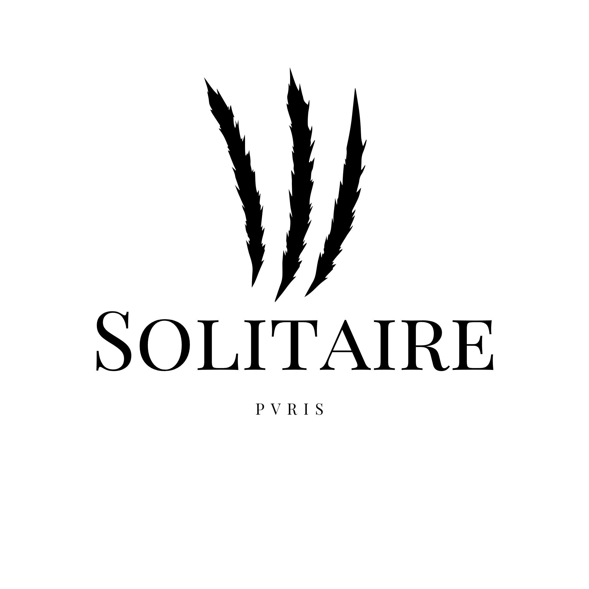 Solitaire Paris logo featuring three black feather strokes above minimalist serif typography.
